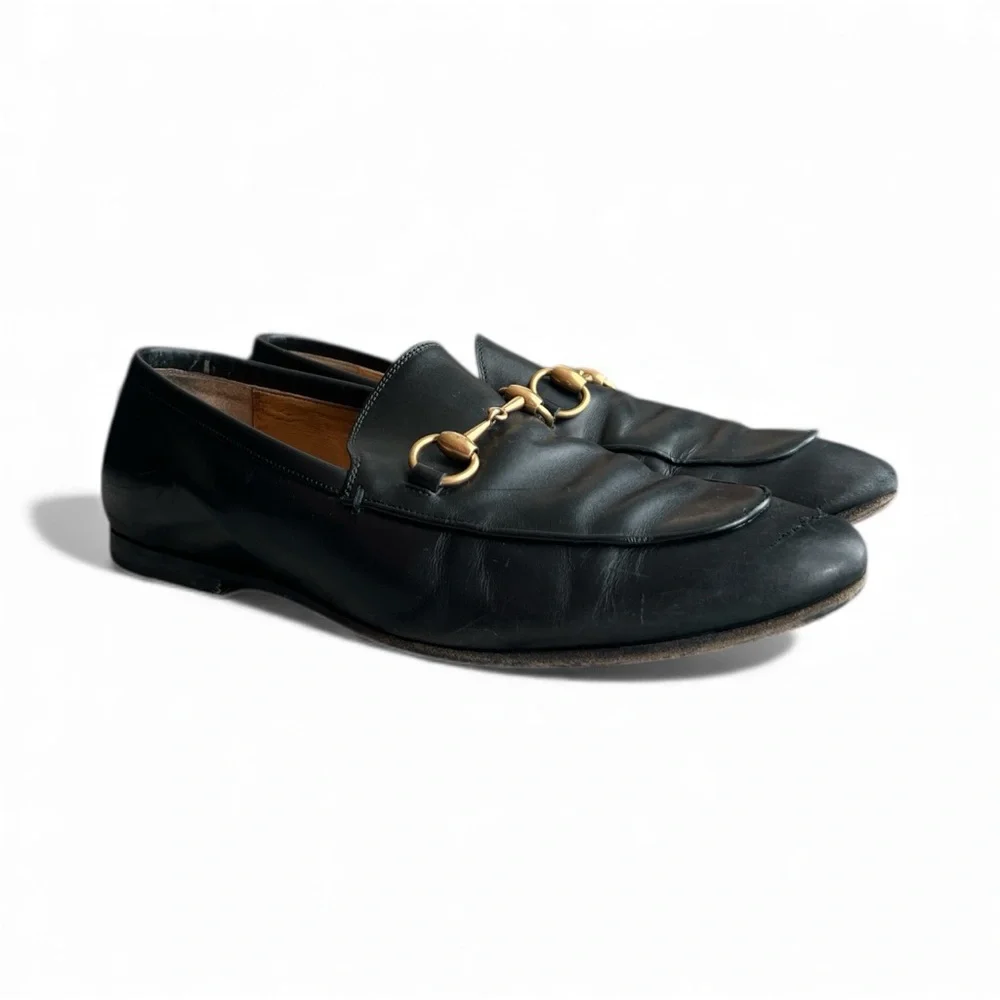 Gucci black men’s Jordaan Loafers with Gold accents made in Italy Sz 6 /US 8